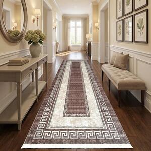 Traversa hol antiderapanta, 400 cm, model clasic geometric, bej-maro