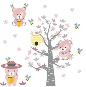 Autocolant frumos de perete pentru copii, cu ursuleți roz și albine 80 x 160 cm
