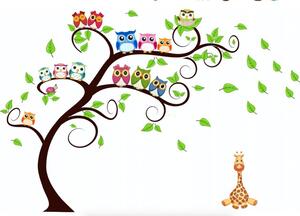 Autocolant frumos de perete pentru copii Bufnițe pe copac 80 x 160 cm