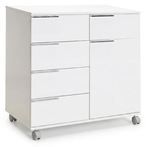 Comoda Adore Diamond, 1 usa, 5 sertare, cu rotile, Alb Lucios, 85x44x81 cm