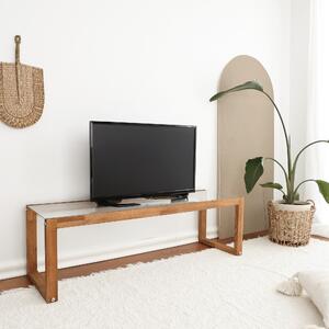 Comoda TV Via, pin/transparent, lemn/sticla securizata, 130x40x40 cm