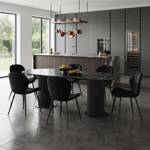 Set Masă Fixă Amara Slim Negru Marmorat cu 6 Scaune Topaz Negru, Tapițerie din Catifea, Picioare Metalice Negre, 180 × 90 × 75 cm