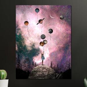 Tablou Canvas Premium, LuxCanva® K1017, Fetita si Planetele, Univers, Maini, Intinse, Planete, Cosmic, Stele, Ganduri, Dorinte, Emotie, Curaj, Sistem, Solar, Galaxii, Pastel, Camera Copii