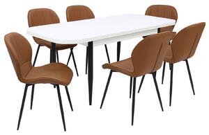 Set masă extensibilă Viena Albă cu 6 Scaune Piele Topaz Caramel