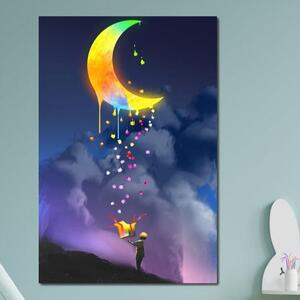 Tablou Canvas Premium, LuxCanva® K1001, Luna Care Daruieste, Curcubeu, Cer, Magie, Cutie, Copil, Ploaie, Stele, Noapte, Daruire, Stelar, Vis, Imaginatie, Camera Copii