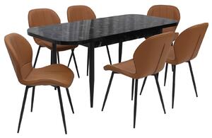 Set masă extensibilă Viena Negru cu 6 Scaune Piele Topaz Caramel