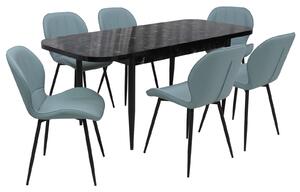 Set masă extensibilă Viena Negru cu 6 Scaune Piele Topaz Bleu