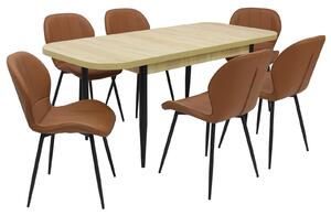 Set masă extensibilă Viena Stejar cu 6 Scaune Piele Topaz Caramel