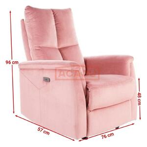 Fotoliu recliner NEPTUN M, stofa catifelata roz, functie masaj, 76x57x