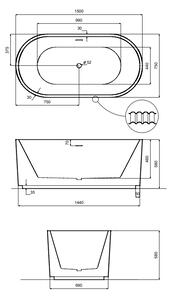 Cada baie freestanding, ovala, alba, 3D, Besco Giuliana, 150x75 cm 1500x750 mm