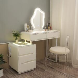 Set Alisa, Masă de toaletă pentru machiaj cu oglindă iluminată LED, control touch, 5 sertare, comoda, scaun, Difuzor Bluetooth, zona încărcare fără fir, Alb