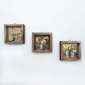 Set 3 Tablouri UKZM021, lemn de pin, maro-imprimeu floral, 15x15 cm