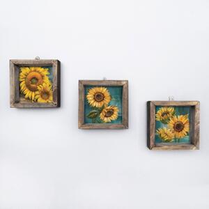 Set 3 Tablouri UKZM005, lemn de pin, imprimeu floarea-soarelui, 15x15