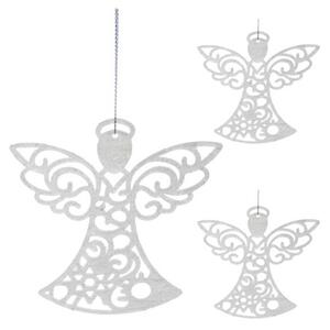 Pandantive decorative pentru Craciun, 3 ingeri, cu sclipici, plastic, 10x9,x0,2 cm