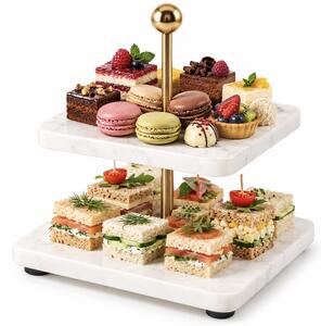 Fructiera etajata Pufo Luxury din marmura cu 2 niveluri, pentru prajituri, mini torturi, fructe, aperitive, 19 x 19 x 21 cm