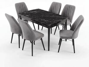Verona Set Masa Extensibila (Negru Marmura) 80x 135 (80 x 178) Si Scaun 6 Buc, Aur Detalii, Horeca, Bucatarie, Living