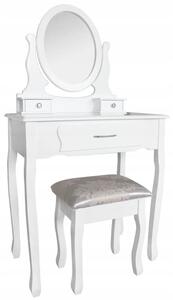 Set masa de toaleta si scaun, oglinda ovala, 3 sertare, design vintage, alb