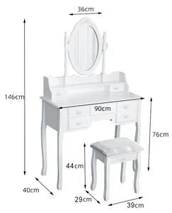 Set masa de toaleta pentru machiaj cu oglinda, 7 sertare, scaun tapitat, alb