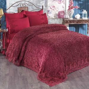 Set Luxury pentru pat, Patura cu dantela si perle + Cearsaf de pat + 4 fete de perna, Bordo