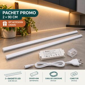 Pachet 2x Baghetă LED Link 90cm 6000K cu Driver 40W și Kit Montaj, Sistem Iluminare Sub Mobilier Modular Profesional, Lumină Rece pentru Blat