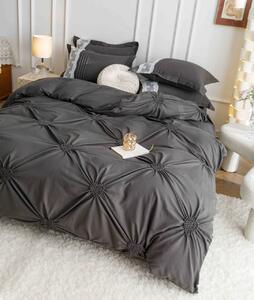 Lenjerie pat dublu, Inimi Brodate, 6 Piese, Finet Premium - Gri Inchis