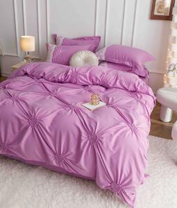 Lenjerie pat dublu, Inimi Brodate, 6 Piese, Finet Premium - Roz