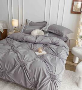 Lenjerie pat dublu, Inimi Brodate, 6 Piese, Finet Premium - Gri