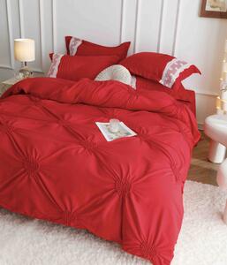 Lenjerie pat dublu, Inimi Brodate, 6 Piese, Finet Premium - Rosu