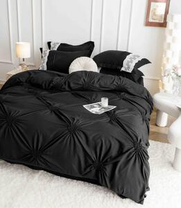 Lenjerie pat dublu, Inimi Brodate, 6 Piese, Finet Premium - Negru