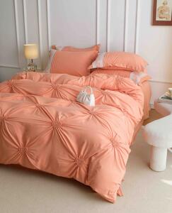 Lenjerie pat dublu, Inimi Brodate, 6 Piese, Finet Premium - Peach