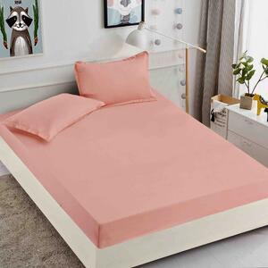 Husa de pat, 2 persoane, finet, 3 piese, cu elastic, Uni, roz , HPF904