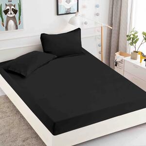 Husa de pat, 2 persoane, finet, 3 piese, cu elastic, Uni, negru , HPF910
