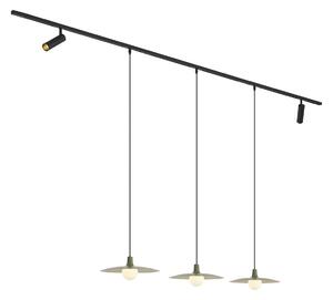 Sistem de iluminat pe șină modern negru cu 2 spoturi și 3 lămpi suspendate verzi monofazate - Slimline Uzzy Panzi
