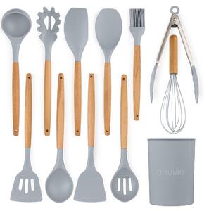 Set ustensile bucatarie 12 piese marime mare xl 1050g, lemn si silicon alimentar, termorezistente, antiaderente, suport blat, onuvio™ daria - gri deschis