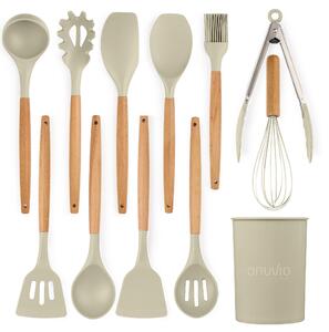 Set ustensile bucatarie 12 piese marime mare xl 1050g, lemn si silicon alimentar, termorezistente, antiaderente, suport blat, onuvio™ daria - kakhi