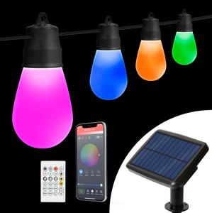 Ghirlandă solară LED RGBIC, 15 LED, 1,3 W, 3,7 V, 2200 mAh, 8 m, IP65, neagră, cu telecomandă