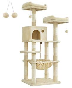 Ansamblu de joaca pentru pisici, turn stabil pentru pisici, 2 perne plusate, 143cm, bej, 55 x 45 x 143 cm, FEANDREA