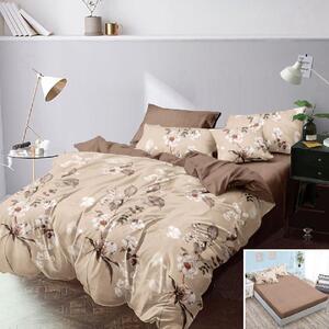 Lenjerie de pat, 1 persoană, finet, 160x200cm, cu elastic, 4 piese, maro , cu flori albe, LP609