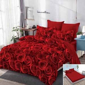 Lenjerie de pat, 1 persoană, finet, 160x200cm, cu elastic, 4 piese, rosu , cu trandafiri rosii, LP614
