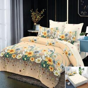 Lenjerie de pat, 1 persoană, finet, 160x200cm, cu elastic, 4 piese, crem , cu flori, LP601