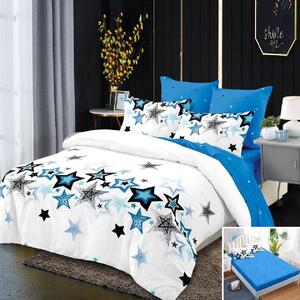 Lenjerie de pat, 1 persoană, finet, 160x200cm, cu elastic, 4 piese, albastru si alb, cu stelute, LP605