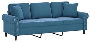 Canapea cu 3 locuri cu pernuțe, albastru, 180 cm, catifea