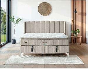 Set pat cu saltea ALEGRA 140x200, stofa bej, cu somiera, spatiu depozi