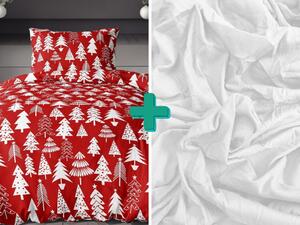 2x lenjerii de pat de flanel rosii CHRISTMAS TREES + cearsaf jersey EXCLUSIV alb 180 x 200 cm