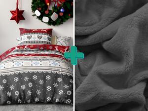 2x lenjerie de pat de flanel CHRISTMAS DEER rosu + cearceaf microplus SOFT 180x200 cm gri inchis