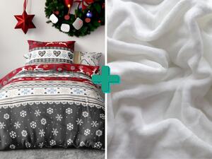 Lenjerie de pat flanel CHRISTMAS DEER rosu + cearceaf microplus SOFT 90x200 cm alb