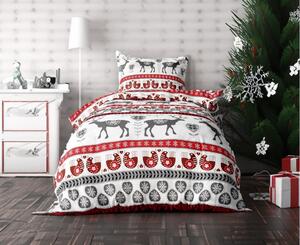 Lenjerie de pat flanel CHRISTMAS DEER AND GROUSE alb + cearsaf microplus SOFT 90x200 cm gri inchis