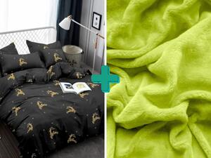 Lenjerie de pat din microfibră GOLDEN SOB neagră + cearșaf microplush SOFT 90x200 cm verde