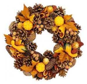Decoratiune toamna, coroana cu conuri de brad si frunze, portocaliu, 35 cm, Magic Home