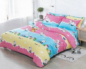 Lenjerie de pat pentru o persoana cu husa elastic pat si fata perna dreptunghiulara, Joyful Cows Pink, bumbac ranforce, gramaj tesatura 120 g mp, multicolor